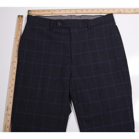 Calvin Klein Gray Blue Windowpane Plaid Flat Front Wool Dress Pants 32 New! - Picture 4 of 6